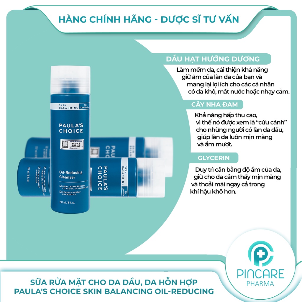 Sữa rửa mặt cho da dầu, da tổng hợp Paula's Choice Skin Balancing Oil Reducing Cleanser 237ml - Hàng chính hãng-PinCare