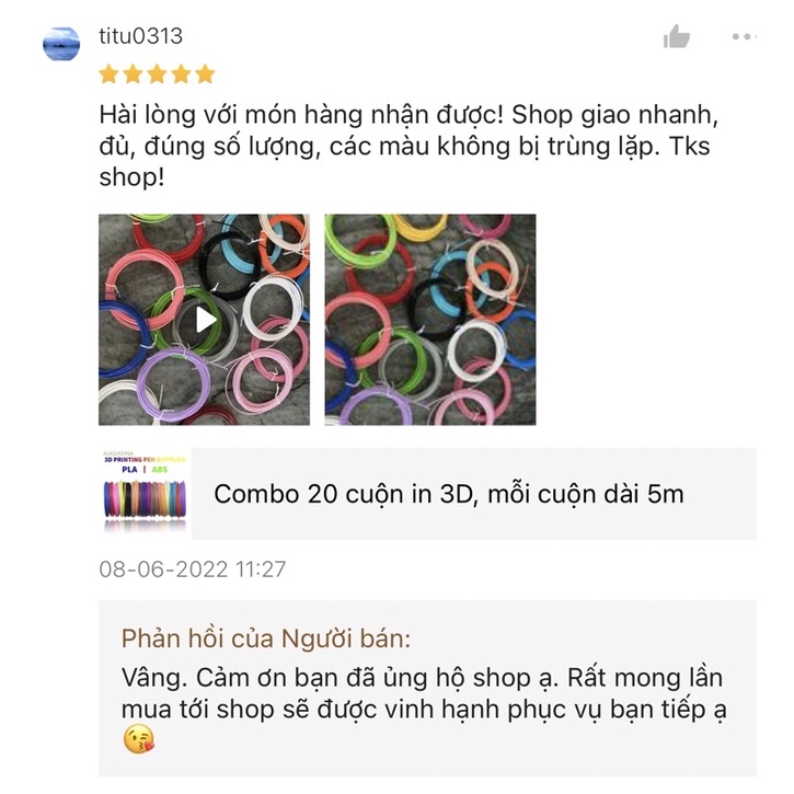 20 cuộn in 3D, mỗi cuộn dài 5m
