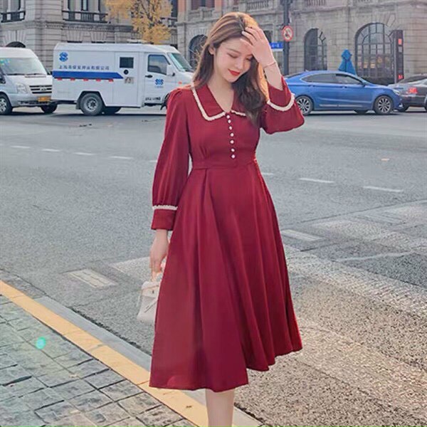 Váy đầm nữ cổ bẻ viền ren tay phồng dáng xòe có hàng nút ngực thanh lịch