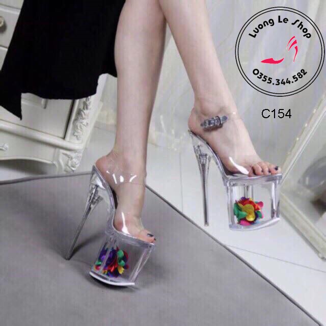 Giày cao gót 18cm quai trong đế hoa trong đầu cá ms C154