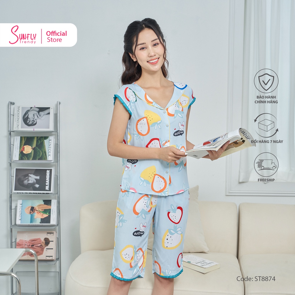 Bộ Đồ Mặc Nhà Nữ Pyjamas Lanh SUNFLY Áo Tay Hến Quần Trên Gối ST8874