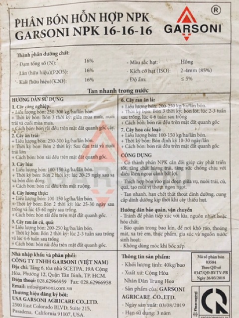 Phân bón NPK 16-16-16 Garsoni tan nhanh trong nước gói 1kg