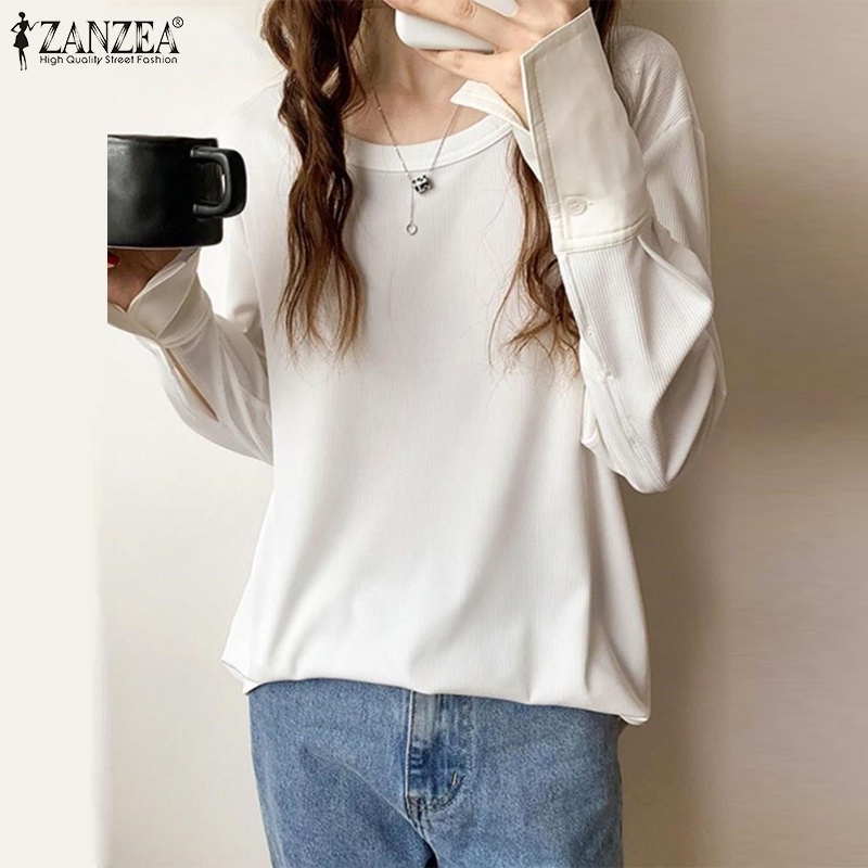 Áo thun ZANZEA tay dài cổ tròn phong cách Hàn Quốc sành điệu cho nữ