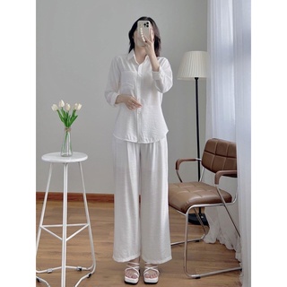 Set Sơ Mi Trắng Dài Tay Mix Quần Ống Rộng Sang Trọng Set đồ nữ đẹp mặc đi chơi, đi biển-Hàng Thiết Kế Size S M,L XL-SD1
