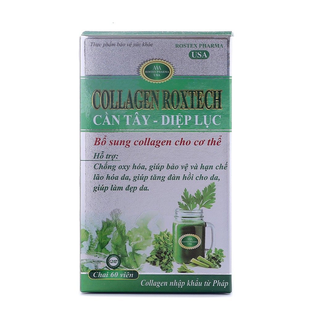 Viên uống đẹp da Collagen Roxtech Cần Tây Diệp Lục giảm nám sạm da, chống lão hóa - Chai 60 viên