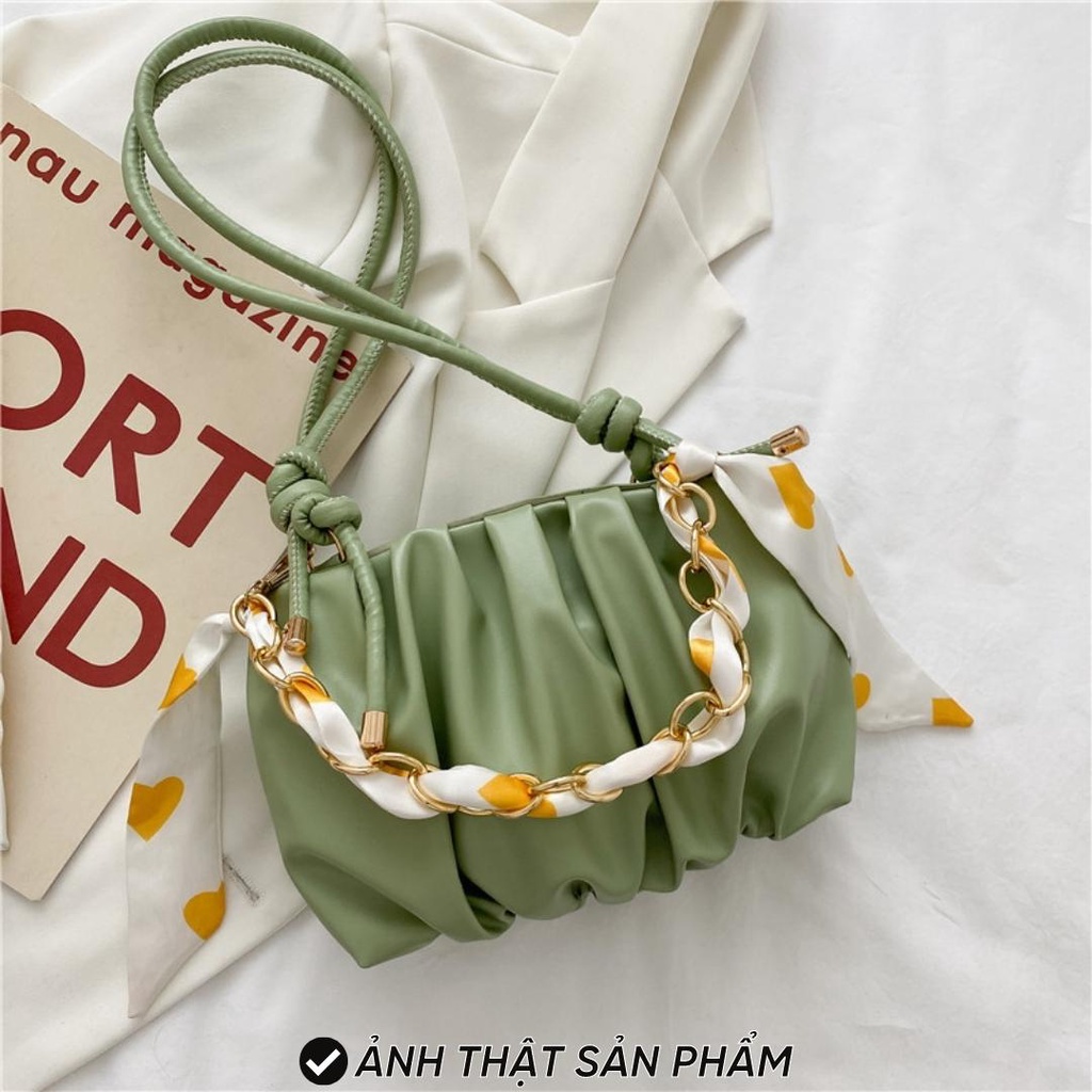 Túi xách nữ đeo chéo da PU xếp ly mix dây xích ruy băng thời trang Hàn Quốc TX4