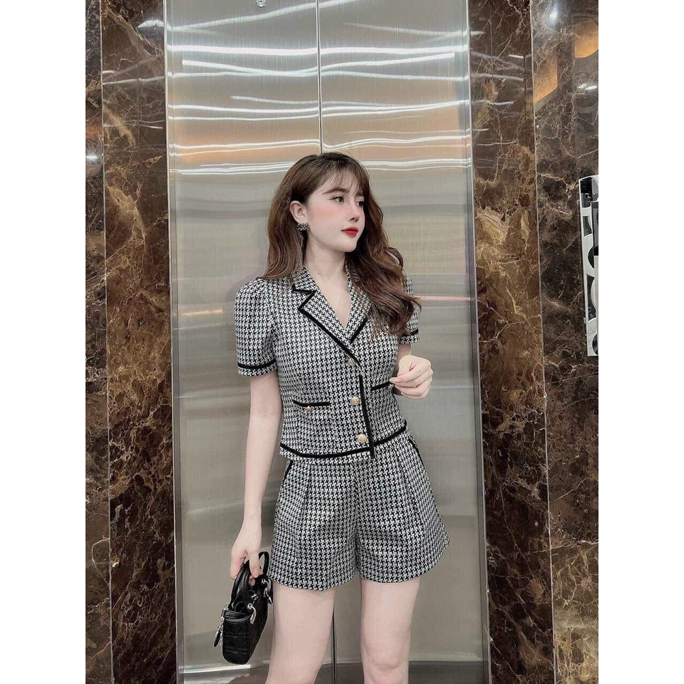 Sét bộ đùi thời trang nữ mặc đi chơi chất bố dạ vải shop cổ vest phối viền đen tay ngắn mix quần đùi có túi