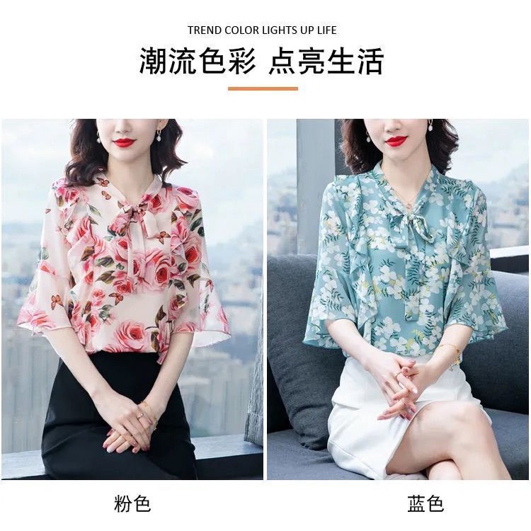 Áo sơ mi chiffon tay ngắn dáng rộng in họa tiết thời trang phong cách phương Tây cho nữ