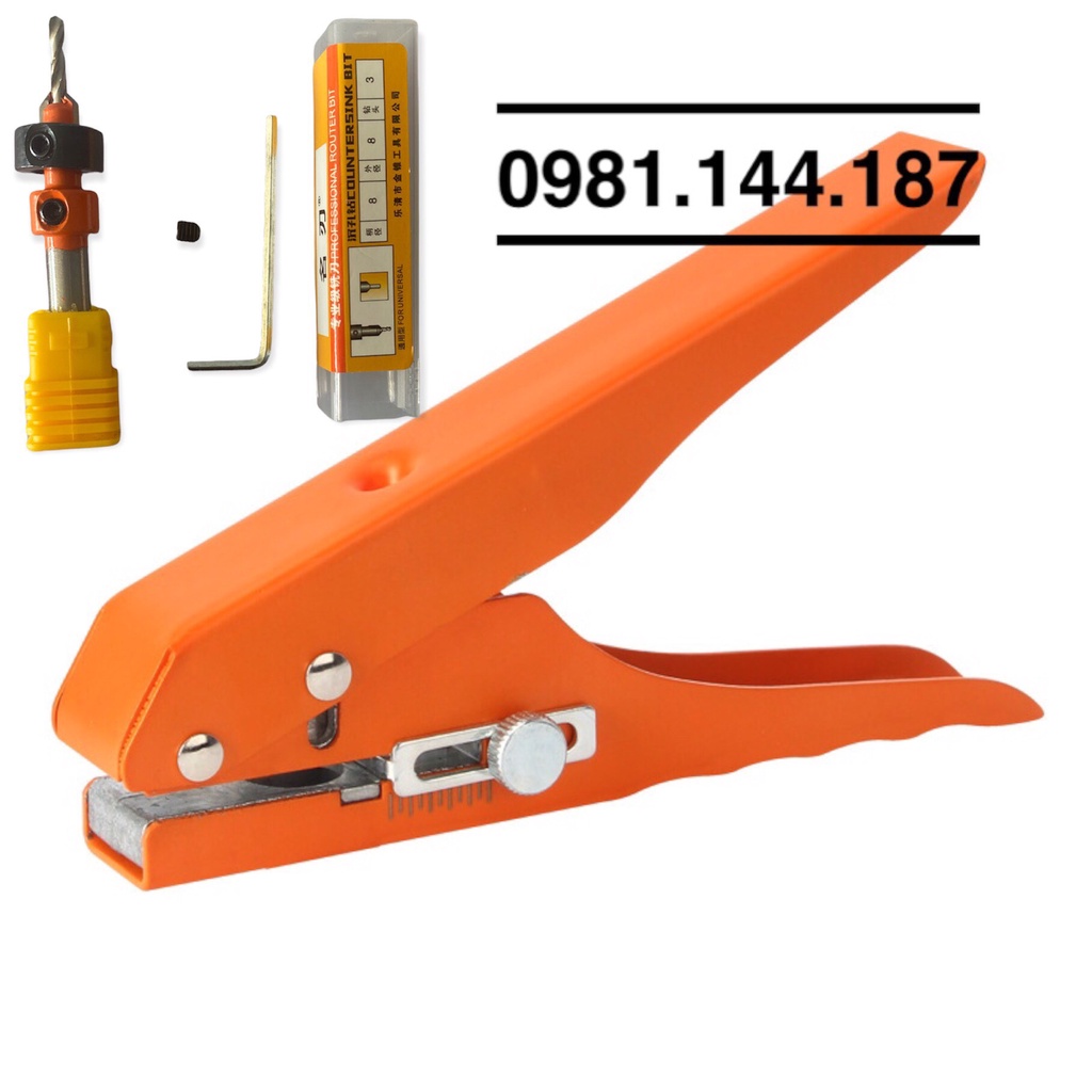 Kìm bấm Lỗ, Kìm dập che lỗ vít 8mm. Bộ Gồm 1 kìm + 1 mũi khoan mồi 8mm có CỬ CHẶN