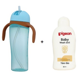 Bình uống nước tay cầm có ống hút 330ml - Màu xanh Tặng 01 chai Tắm gội 50ml