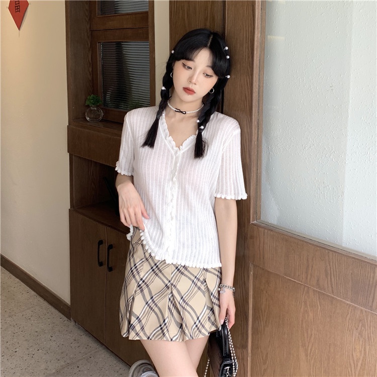 【ZHELIHANGFEI】 Áo Thun Cardigan Dệt Kim Lụa Lạnh Mỏng Tay Ngắn Cổ Chữ v Thời Trang Mùa Hè 2022 Phong Cách Mới Ngọt Ngào Cho Nữ