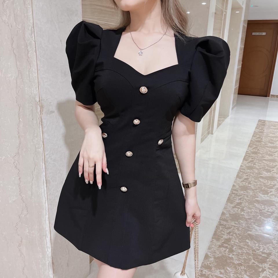 Váy đầm nữ tay bồng cổ vuông đính nút sang trọng