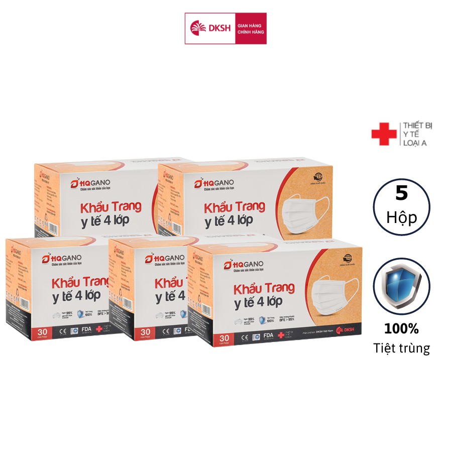 Combo 5 Hộp khẩu trang y tế quai thun 4 lớp HQGANO kháng khuẩn, đạt chuẩn xuất khẩu, không mùi, chất liệu cực mềm mại