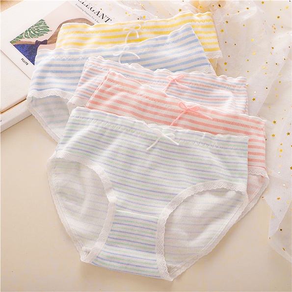 Quần Lót Nữ Kẻ Sọc - Quần Lót Cotton Kháng Khuẩn Đính Nơ Nữ Tính AMYBRA L123