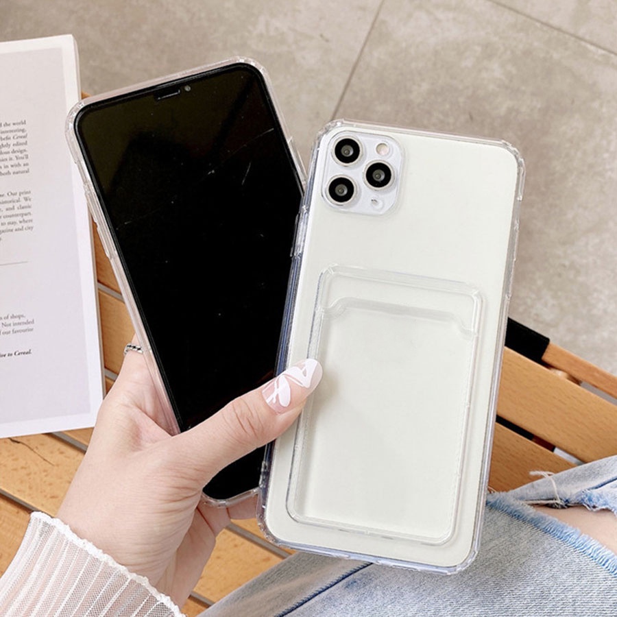 Ốp silicon trong suốt kèm ngăn ví đựng thẻ cho iPhone 11 12 13 14 15 Pro Max X XS XR 6 6S 7 8 Plus