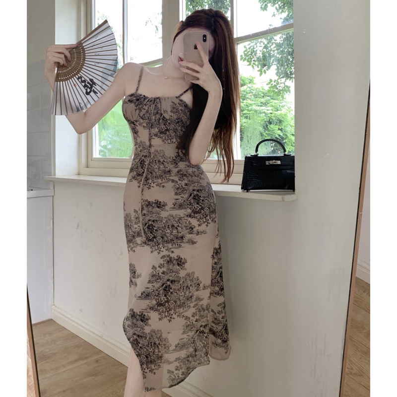 Đầm Hai Dây Họa Tiết Màu Mực Xinh Xắn Thời Trang Cho Nữ