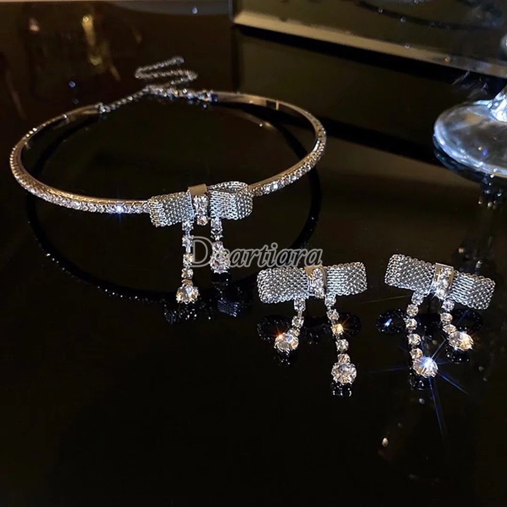 Vòng Cổ Kim Loại Mặt Nơ Đính Đá Thời Trang Cá Tính Dành Cho Nữ