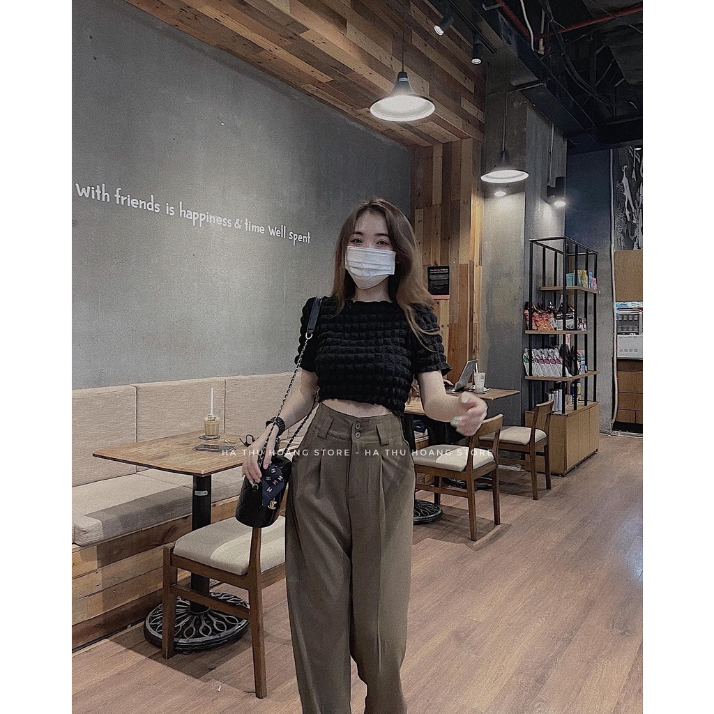 Set áo croptop xốp ô nổi mix quần suông ống rộng nâu tây BN533