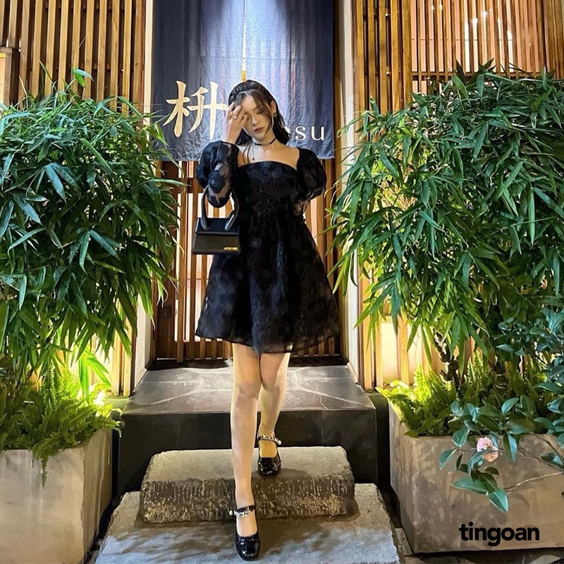 TINGOAN® - Váy vai bồng bóng kính vân hoa đen 3 lớp vải tingoan PRETTY IN ROSÉ DRESS/BL