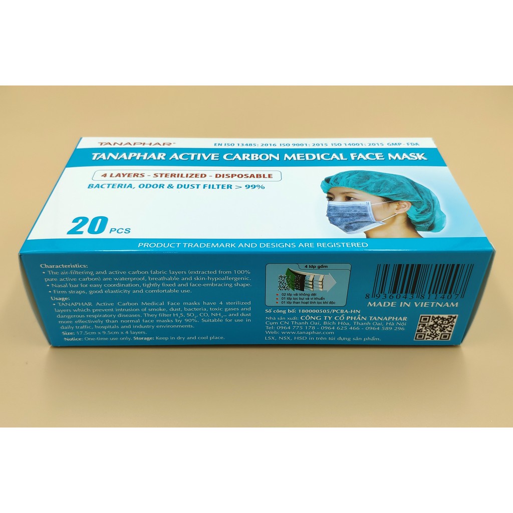 Khẩu trang y tế than hoạt tính Tanaphar 4 lớp - Hộp 20 chiếc tiệt trùng | BigBuy360 - bigbuy360.vn