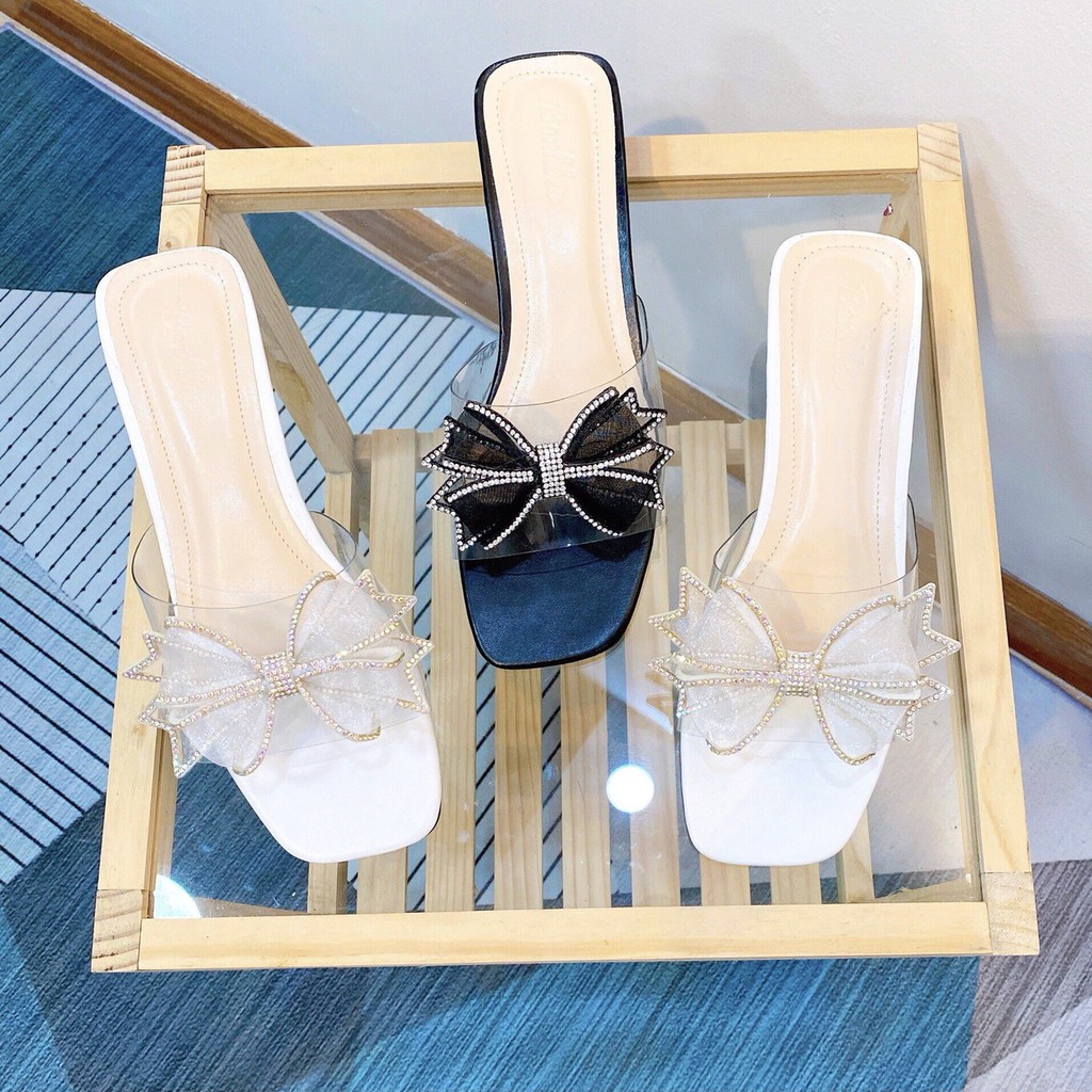 Dép cao gót nữ đế vuông nơ bánh bèo cao 3cm MINICHINO thời trang màu trắng và đen
