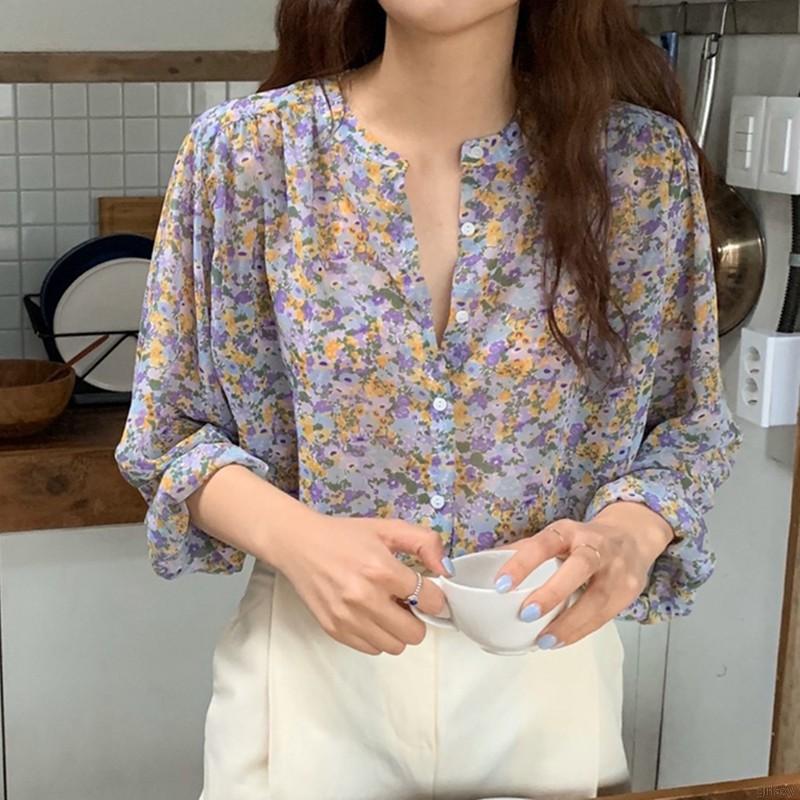 Áo Sơ Mi Nữ Tay Dài Dáng Rộng In Hoa Thời Trang Hàn Quốc