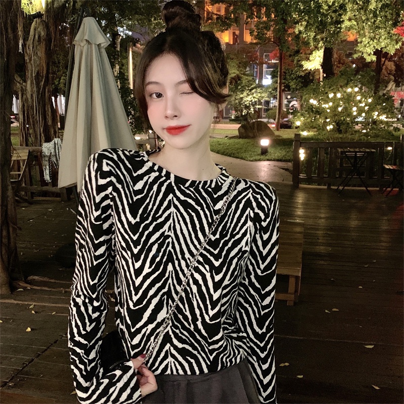 Áo thun ZHELIHANGFEI thiết kế dài tay cổ tròn in họa tiết ngựa vằn cá tính