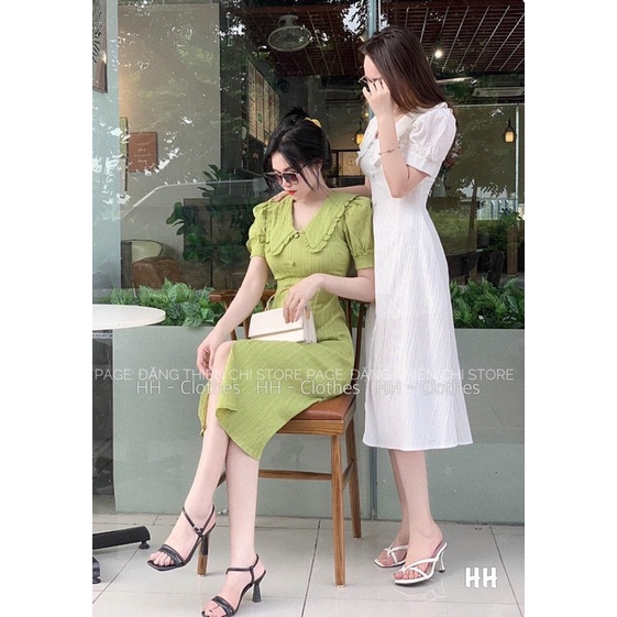 Đầm lụa HÀN QUỐC xẻ tà, đầm tiểu thư mặc đi chơi dáng suông dài cổ bèo đính nút, váy basic dáng suông