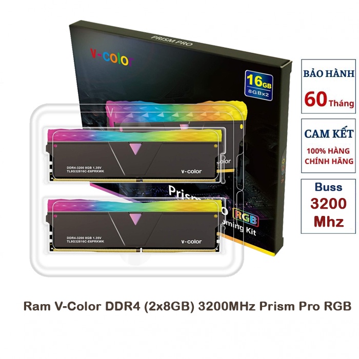 [Mã BMBAU300 giảm 10% đơn 499K] Ram V-Color DDR4 16GB (2x8G) 3200MHz Prism Pro RGB - Màu Đen