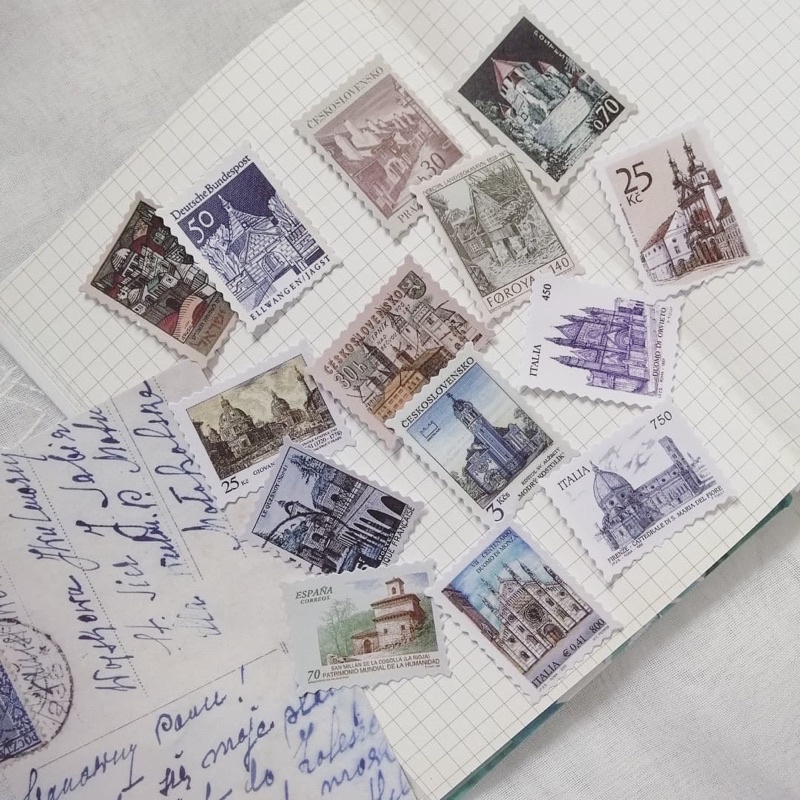 Set 46 sticker tem cổ điển tặng kèm postcard nhiều chủ đề dùng trang trí sổ bullet journal - ginandtonic