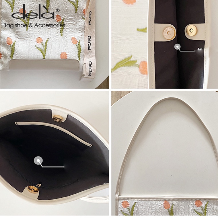 Dela Túi Xách Đeo Vai Vải Bạt In Hoa Tulip Đào Trẻ Trung Thời Trang Mới Mẻ Cho Nữ