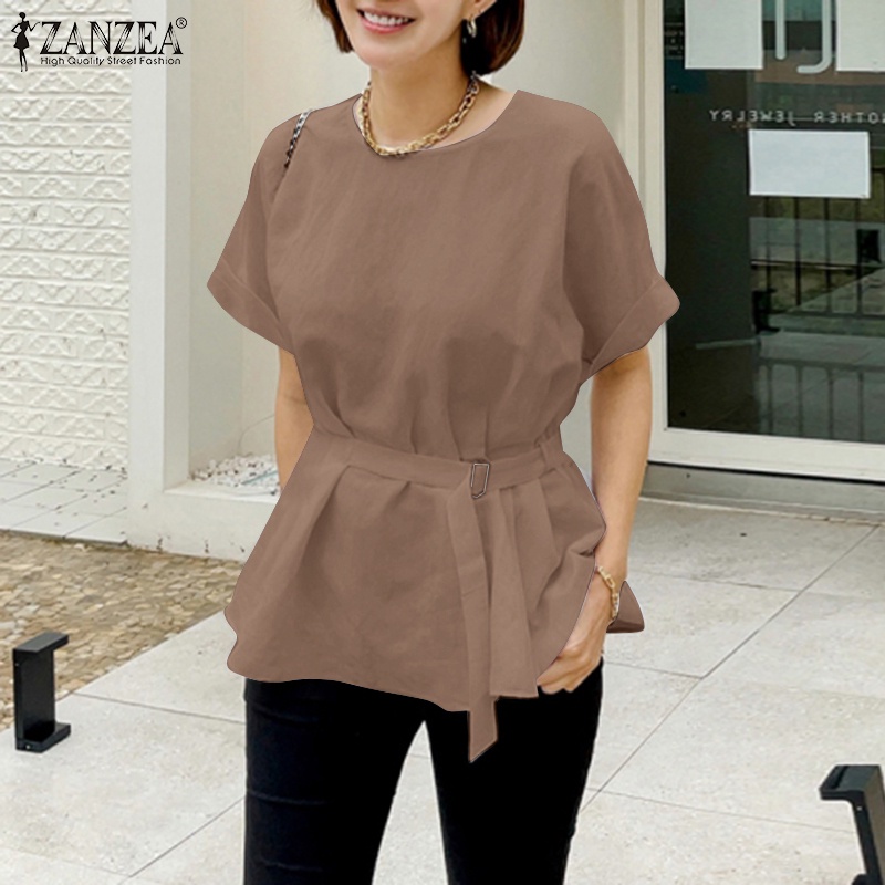 Áo thun nữ ZANZEA tay ngắn cổ tròn dáng rộng cột dây thời trang