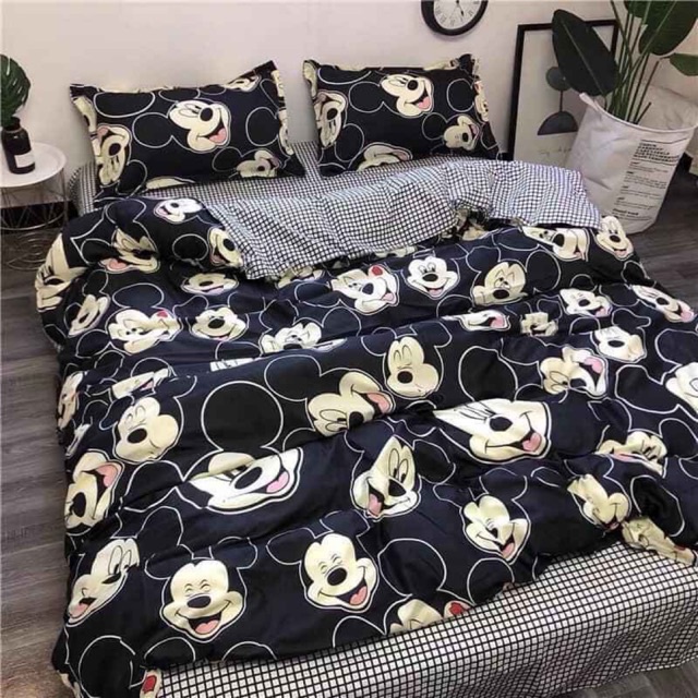 Chăn ga gối Emmibedding chất liệu cotton poly họa tiết mickey đen đáng yêu đủ size miễn phí bo chun