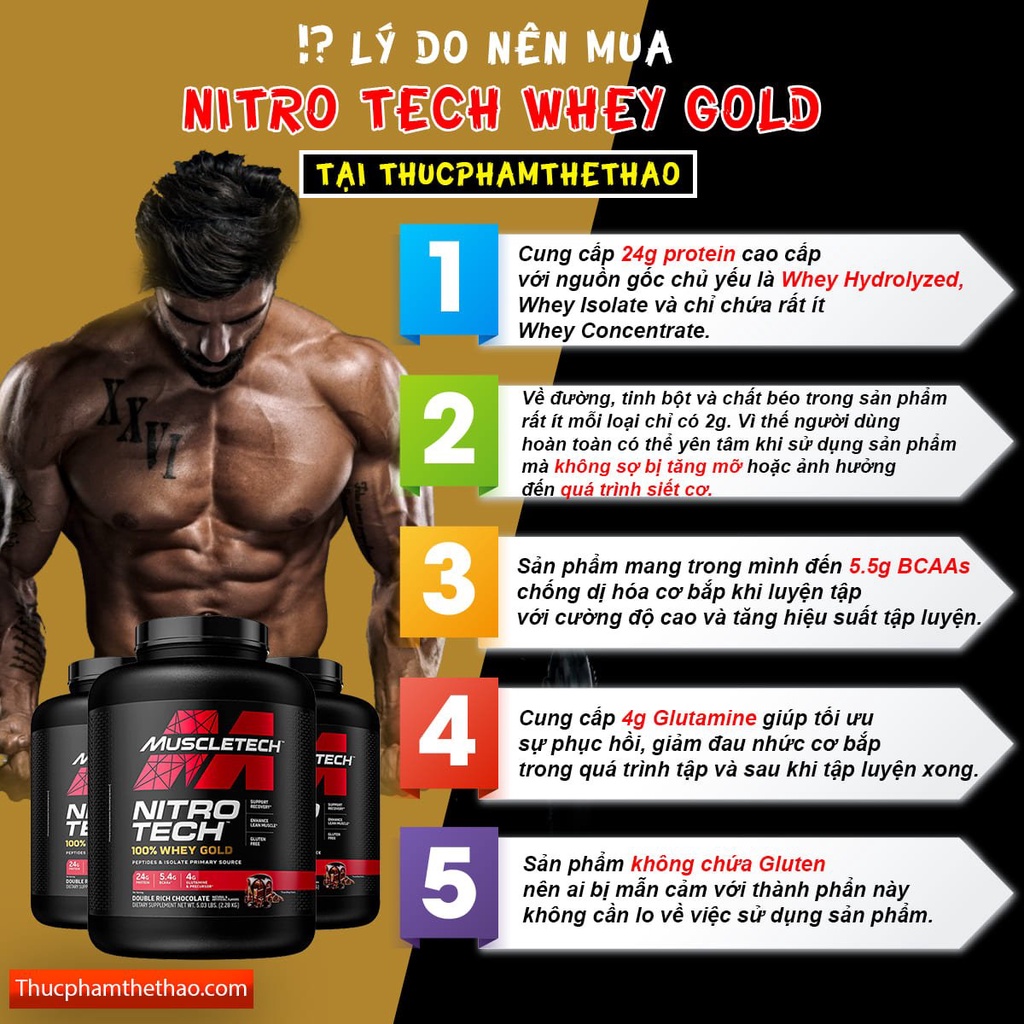 Sữa Tăng cơ Nitro Tech 100% Whey Gold 5.03lbs  - Nhiều vị - Hàng chính hãng Muscletech USA