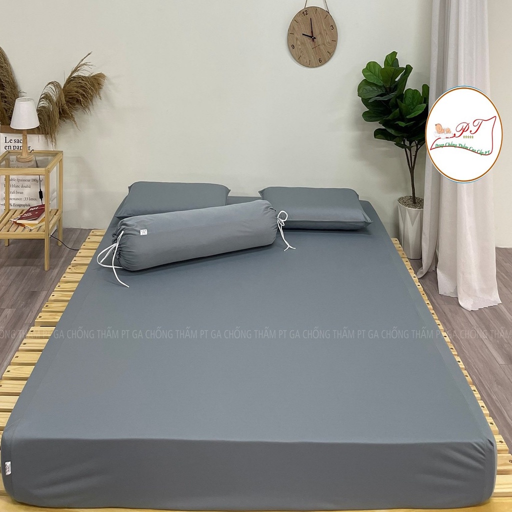 Bộ ga chống thấm cotton cho bé, drap chống thấm nước cao cấp kèm vỏ gối đầu và vỏ gối ôm mềm mịn mát (trơn ghi)