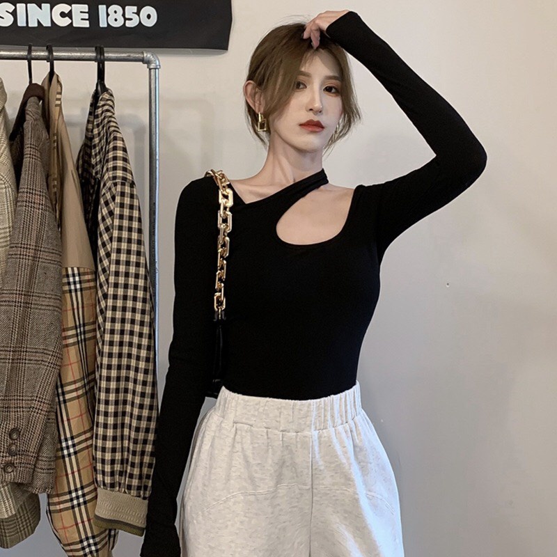 Áo thun tay dài hở vai chất liệu cotton co dãn bốn chiều, Áo kiểu body chéo vai thời trang trẻ