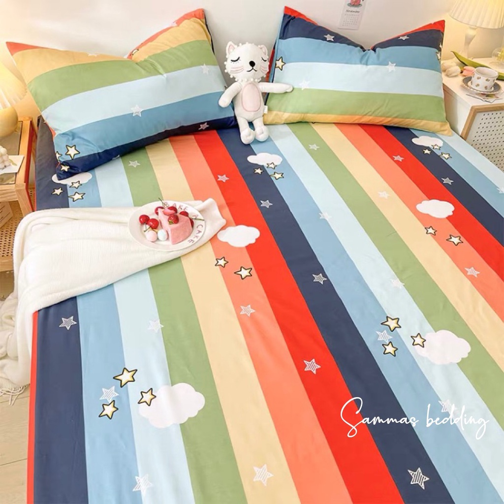 Bộ Chăn Ga Gối 3 Món Cotton 100%, Bộ Drap Giường Kèm Vỏ Gối Cầu Vồng
