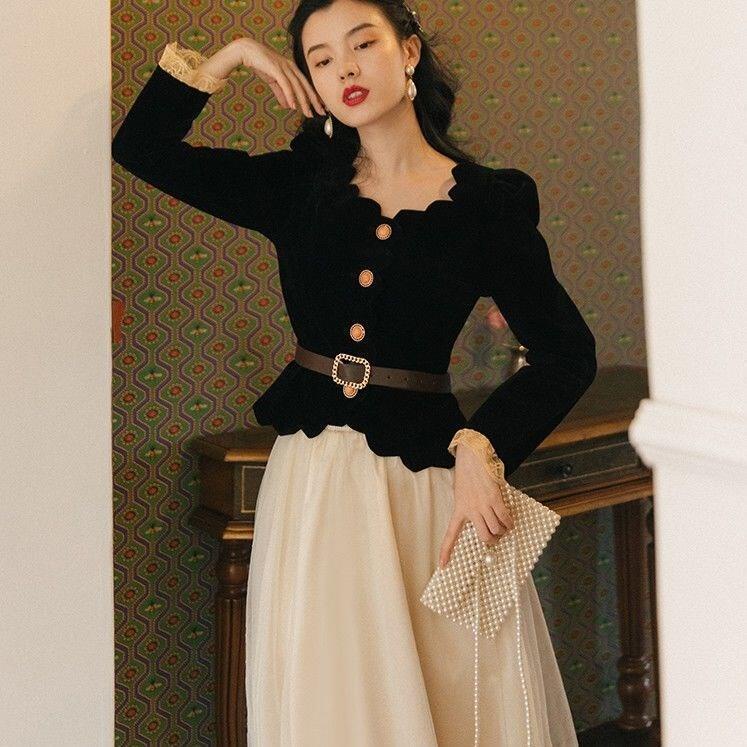 ☋Bộ Áo Nhung Đen + Chân Váy Phong Cách Retro Hàn Quốc Cho Nữ