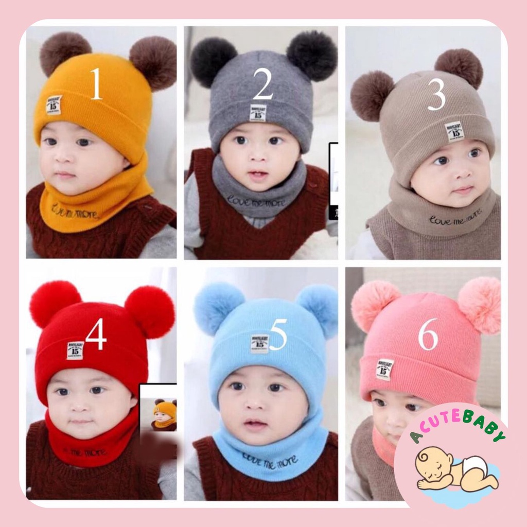 Mũ len cho bé trẻ sơ sinh trai gái kèm khăn 2 quả bông kèm khăn Vubaby