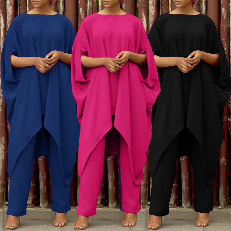 Bộ trang phục ZANZEA gồm áo cổ rộng tay cánh dơi và quần dài màu trơn cho nữ