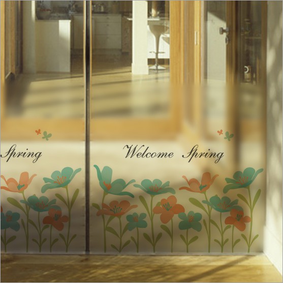 Decal trang trí kính cao cấp mẫu hoa xanh cam ( 60cm x 58cm )