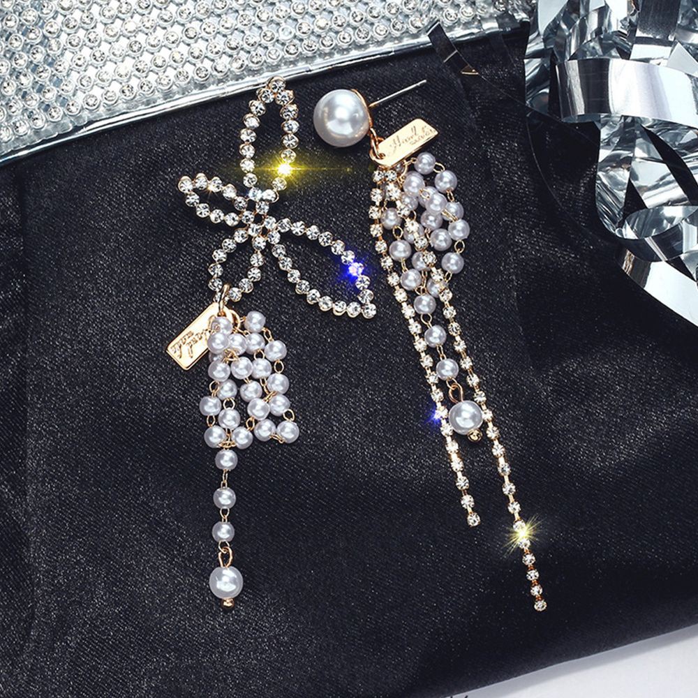 Hoa tai dáng dài đính đá và hạt ngọc trai mặt hình cánh bướm xinh xắn cho nữ