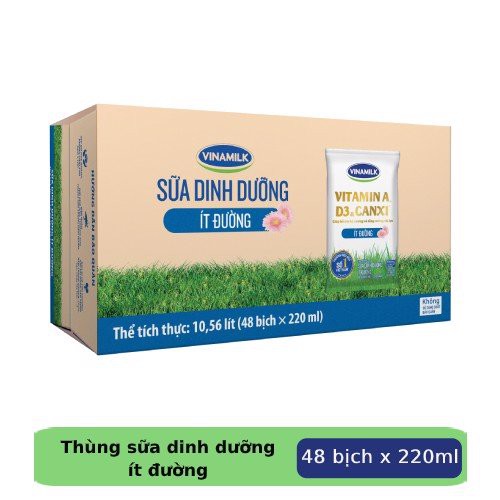 Thùng 48 bịch sữa dinh dưỡng Vinamilk ít đường - 220ml x 48 bịch