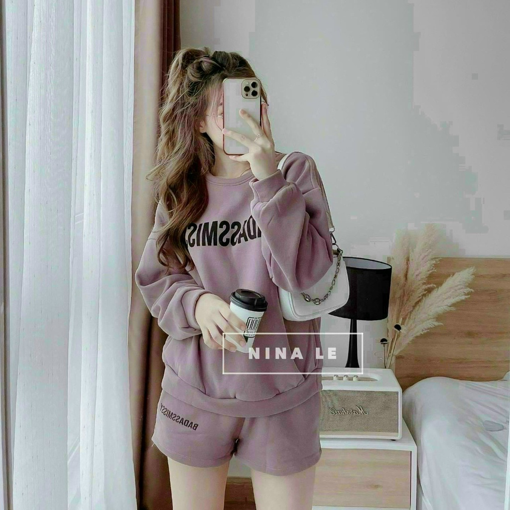 (Sale FreeShip) Đồ bộ nữ,bộ đùi in chữ nổi áo tay dài kèm quần có túi,chất nỉ đẹp hàng chuẩn shop