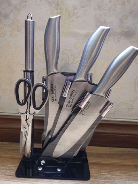 Bộ dao Nhật Bản 6 món cao cấp có khay cắm - bộ dao kéo thép đúc siêu bén cắt thái và chặt thịt cao cấp