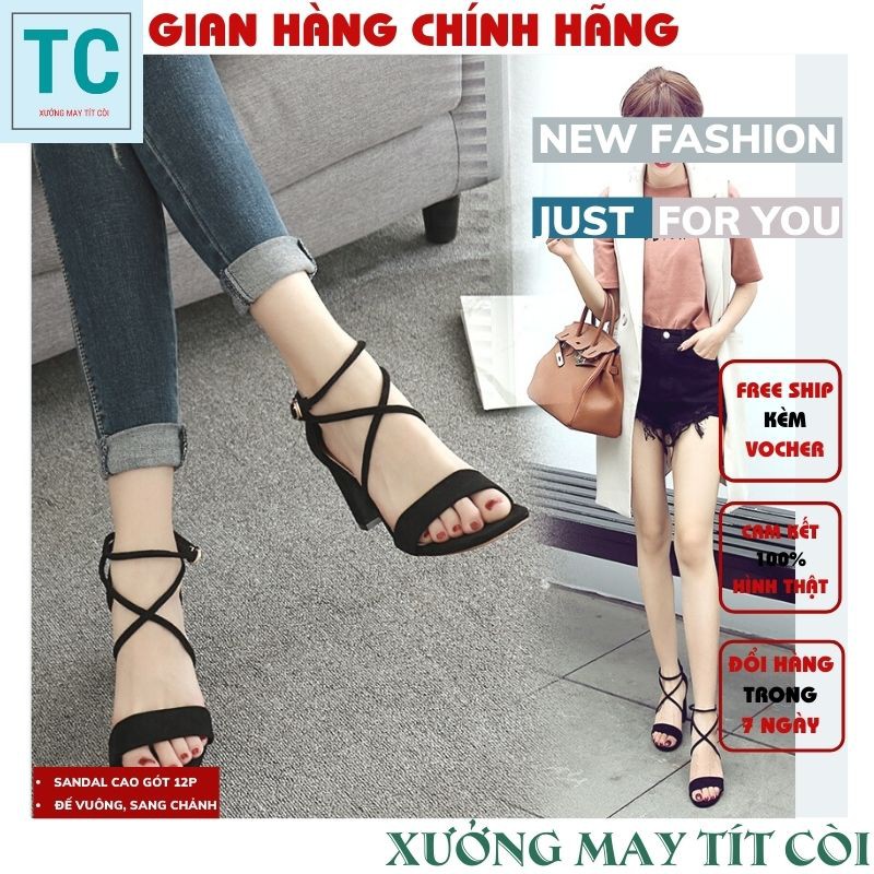 Sandal quai chéo đan dây gót vuông ,Cao gót đế vuông 7cm quai đan chéo chữ X tôn dáng nữ tính Lazashion