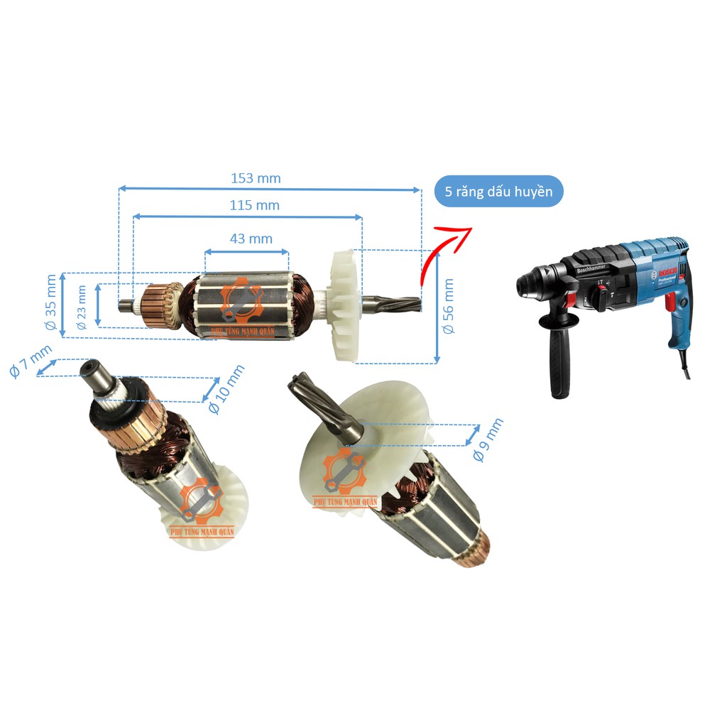 Rotor máy khoan bê tông 2-24 Trung Quốc tặng kèm chổi than cao cấp