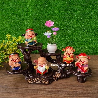 Ngũ Phúc Lâm Môn 6cm kèm chân đế Như Ý Cát Tường và chậu hoa cúc đất sét