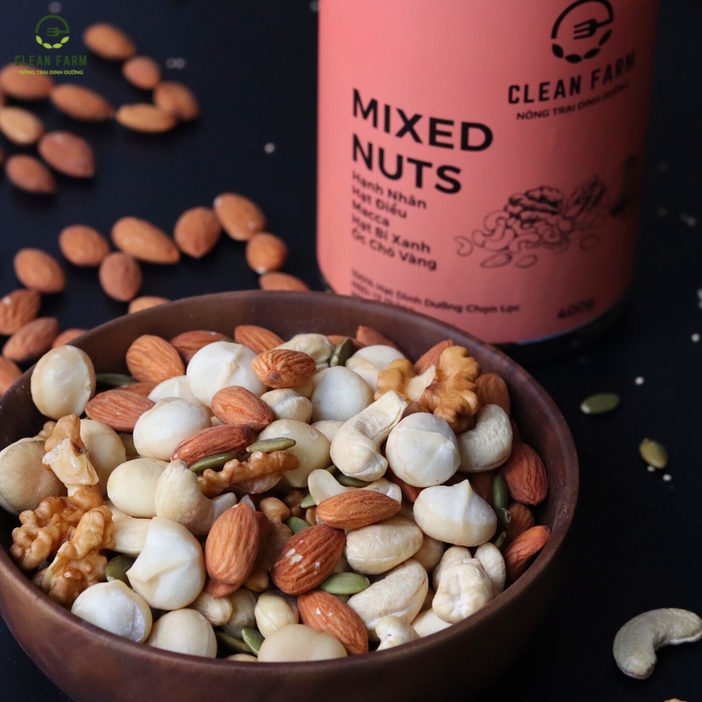 MIXED NUT 5 Loại Hạt Cao Cấp CLEAN FARM - Hạnh nhân, Hạt điều nguyên hạt, macca, bí xanh, óc chó vàng