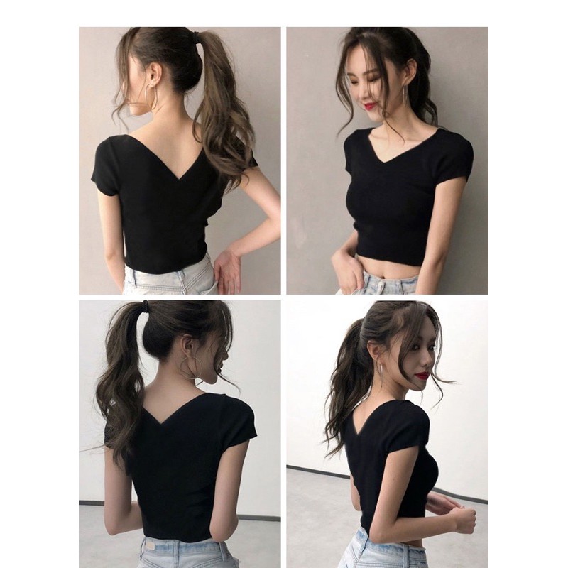 [Mã FAMAYWA giảm 10K đơn 50K] [Quà dây cột tóc] Áo Croptop Dáng Ôm Cổ Chữ V Vải Cotton Gân Siêu Co Dãn | BigBuy360 - bigbuy360.vn